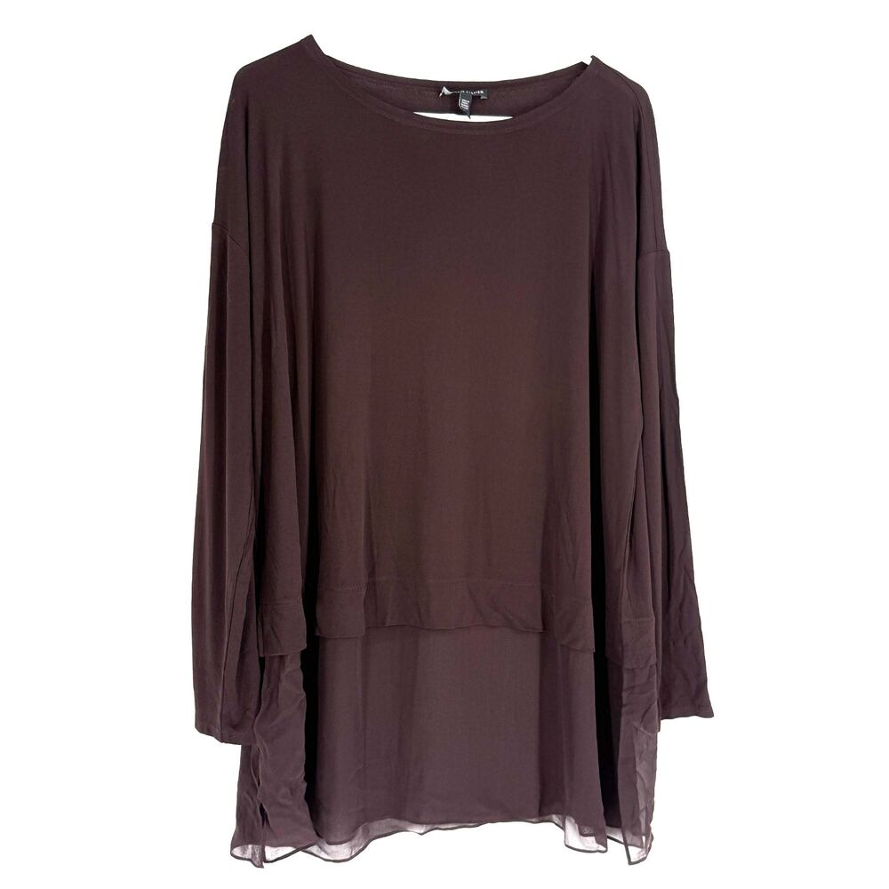 Eileen Fisher 100% Silk Tunic Shirt Brown Flowy Lagenlook Quiet Luxury Size L